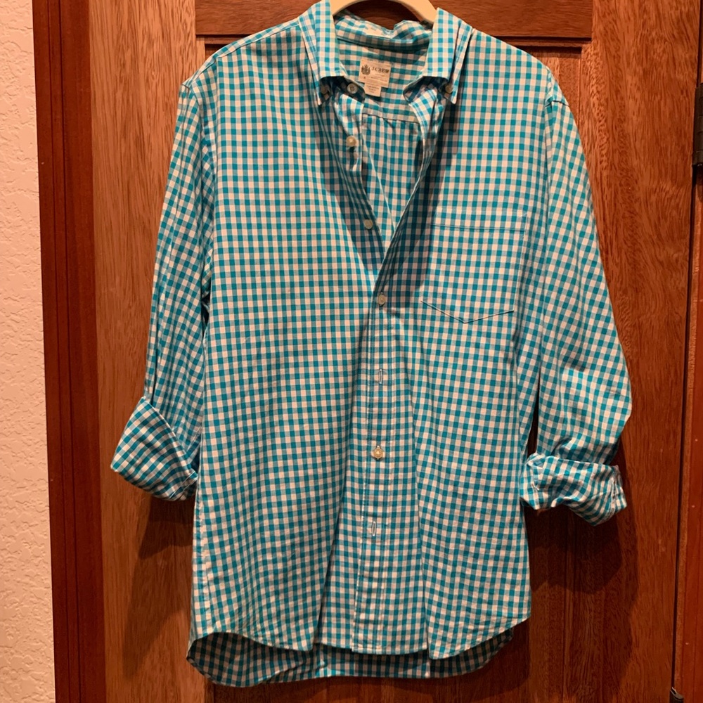 J. Crew Men’s teal/white checkered button down shirt